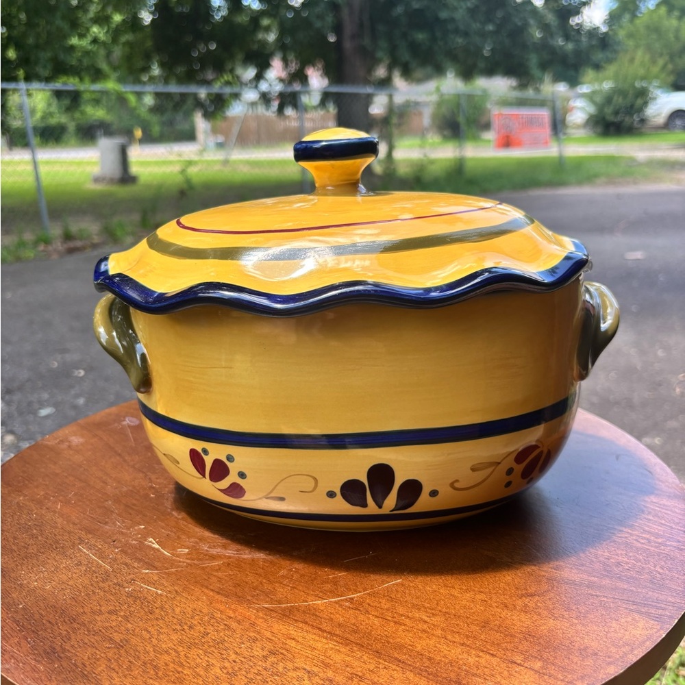 Celebrating Home Yellow Ceramic Soup Tureen with Blue Accents
